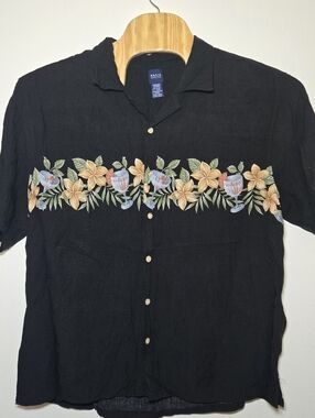 VTG Basic Editions Rayon Black Cocktails Hawaiian Aloha Print Mens Shirt Size XL